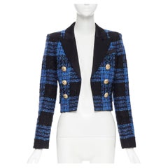 new BALMAIN blue black tweed gold button cropped double breasted jacket FR36 XS