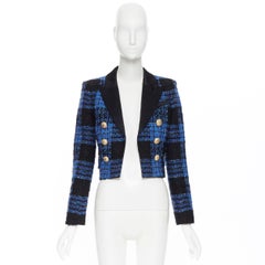 BALMAIN Zweireihige doppelreihige Jacke aus blauem, schwarzem und schwarzem Tweed in Gold mit Knopfleiste FR38 S