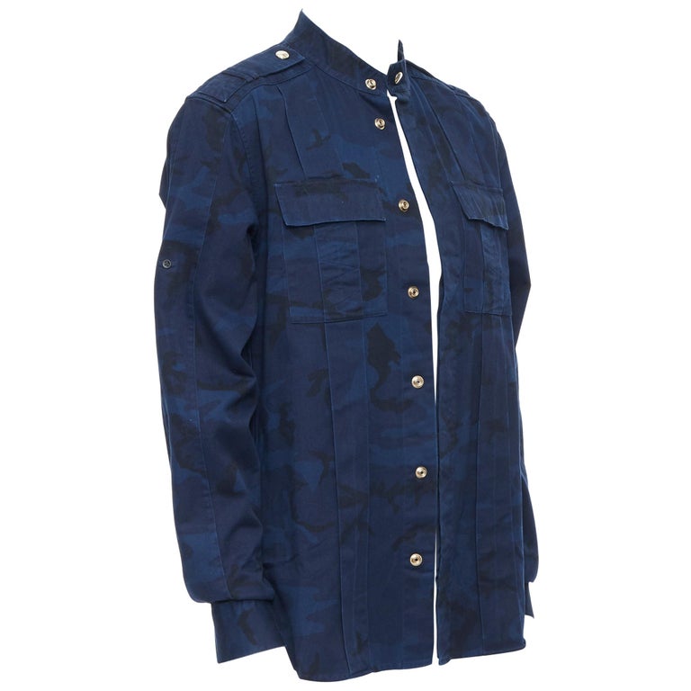 new BALMAIN blue camouflage cotton gold button military shirt jacket EU39 M  at 1stDibs