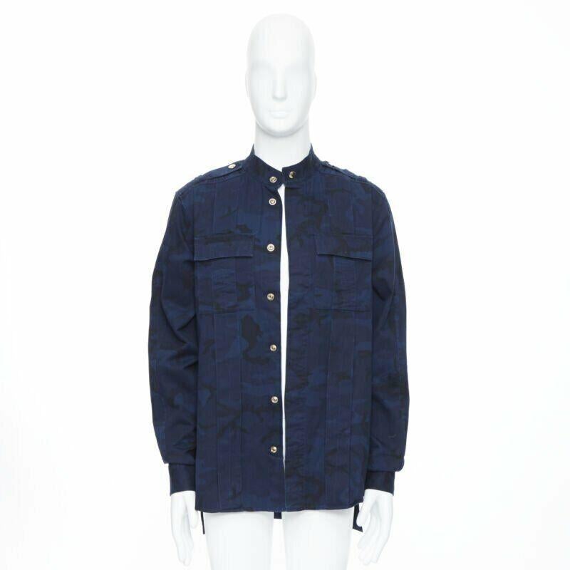 Black new BALMAIN blue camouflage cotton gold button military shirt jacket  EU40 L For Sale