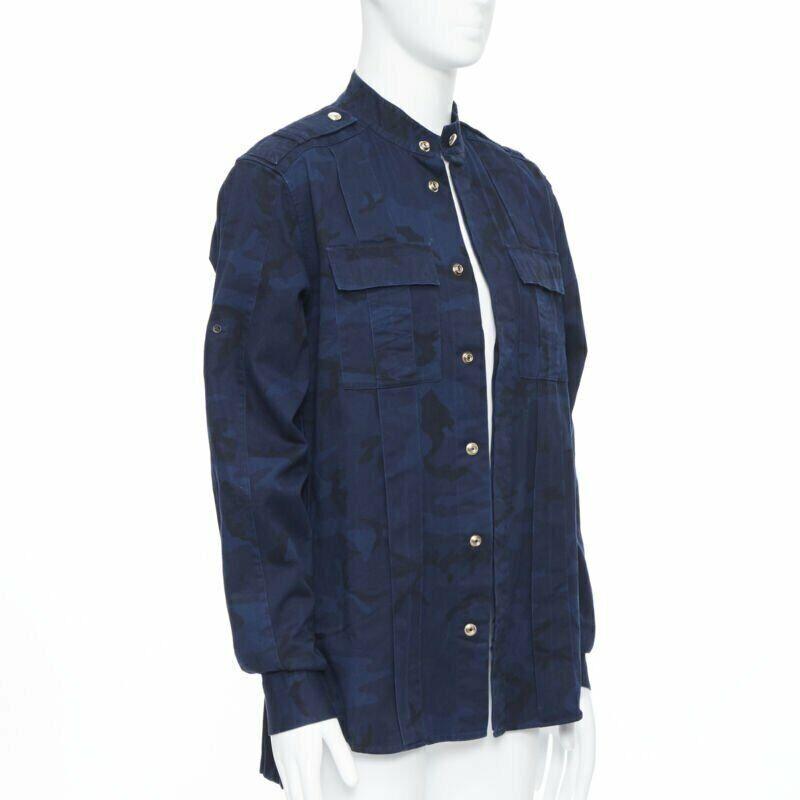 new BALMAIN blue camouflage cotton gold button military shirt jacket  EU40 L In New Condition For Sale In Hong Kong, NT
