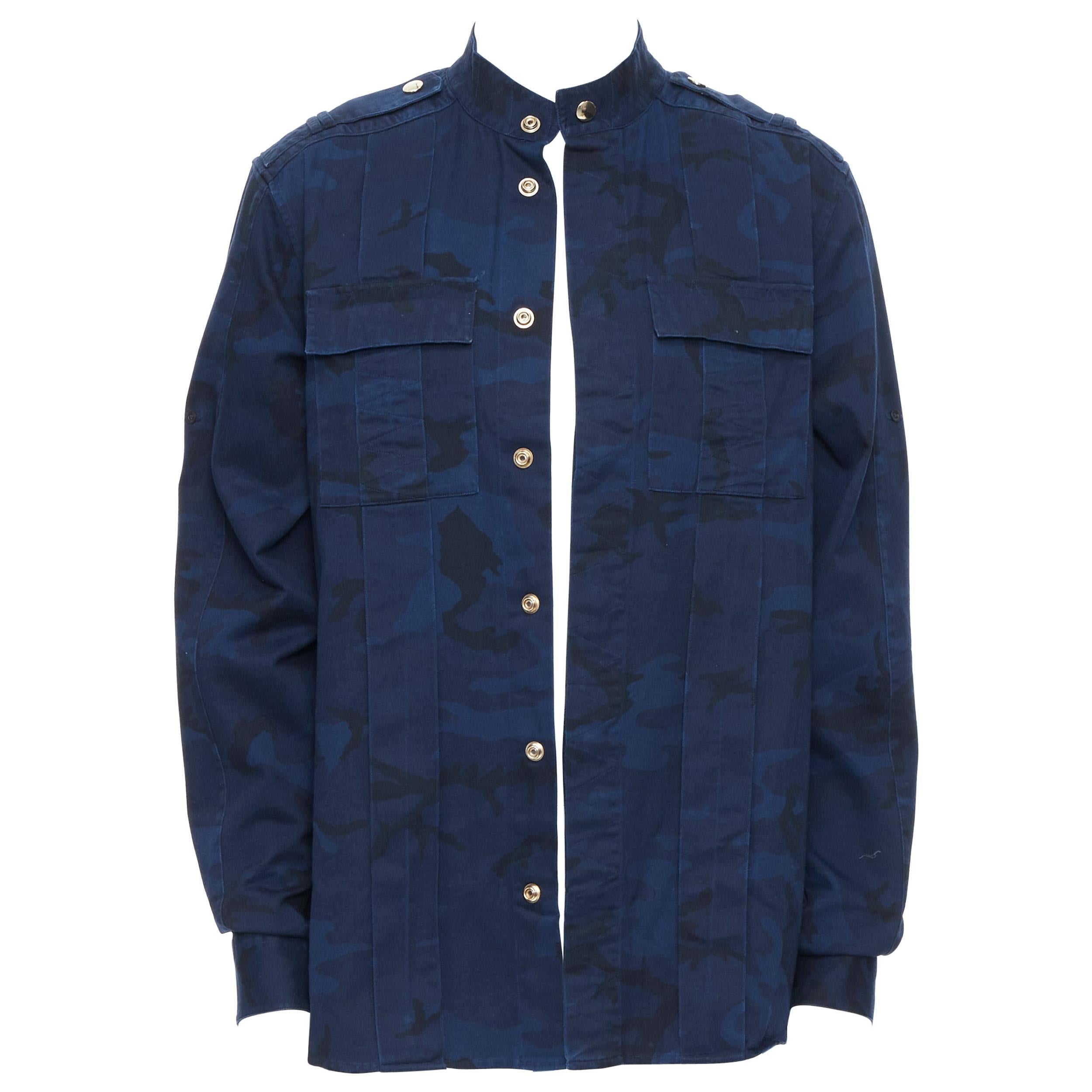 new BALMAIN blue camouflage cotton gold button military shirt jacket EU40 L  For Sale at 1stDibs
