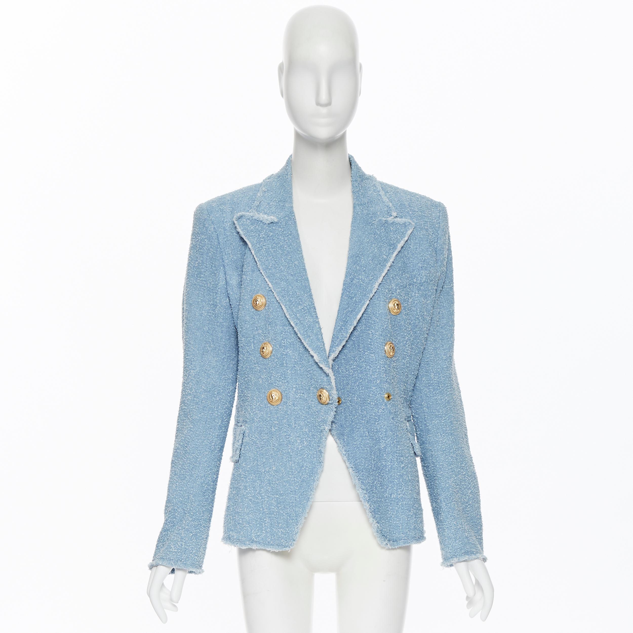 new BALMAIN blue cotton boucle tweed gold double breasted blazer jacket FR40  M
Brand: Balmain
Designer: Olivier Rousteing
Model Name / Style: Double breasted jacket
Material: Tweed
Color: Blue
Pattern: Solid
Closure: Button
Extra Detail: Cotton