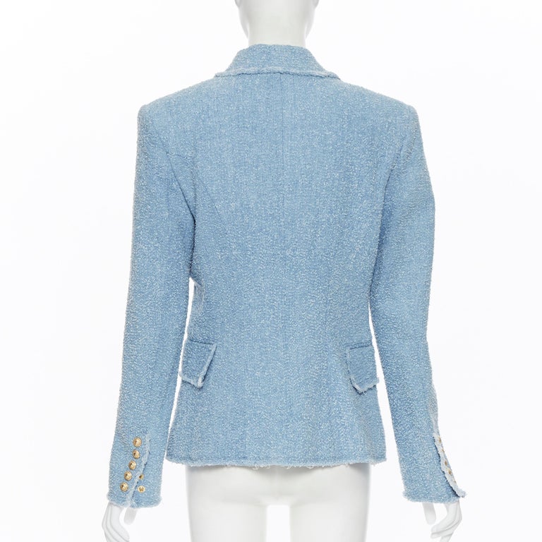 new BALMAIN blue cotton boucle tweed gold double breasted blazer jacket  FR40 M at 1stDibs