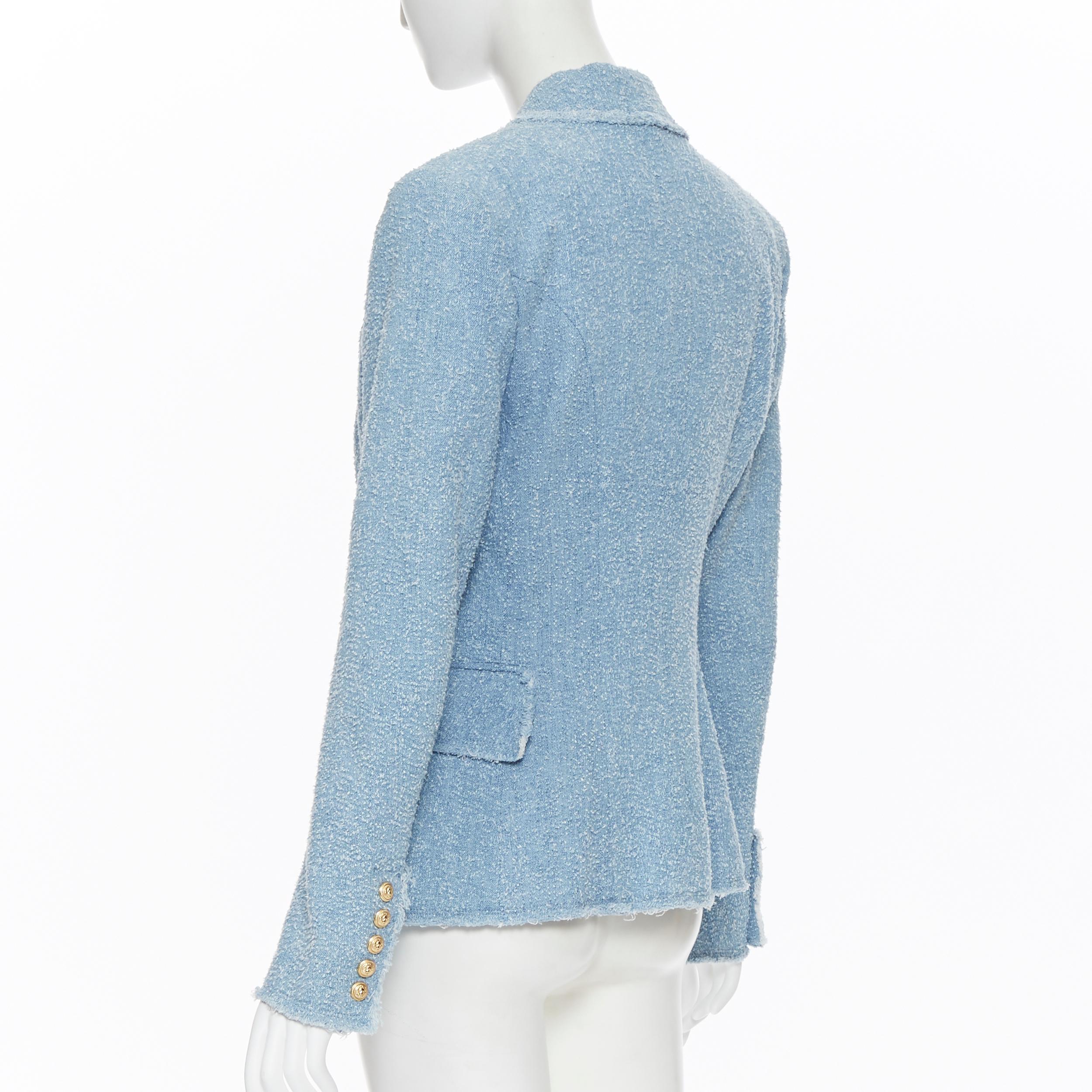 new BALMAIN blue cotton boucle tweed gold double breasted blazer jacket FR40  M In New Condition In Hong Kong, NT