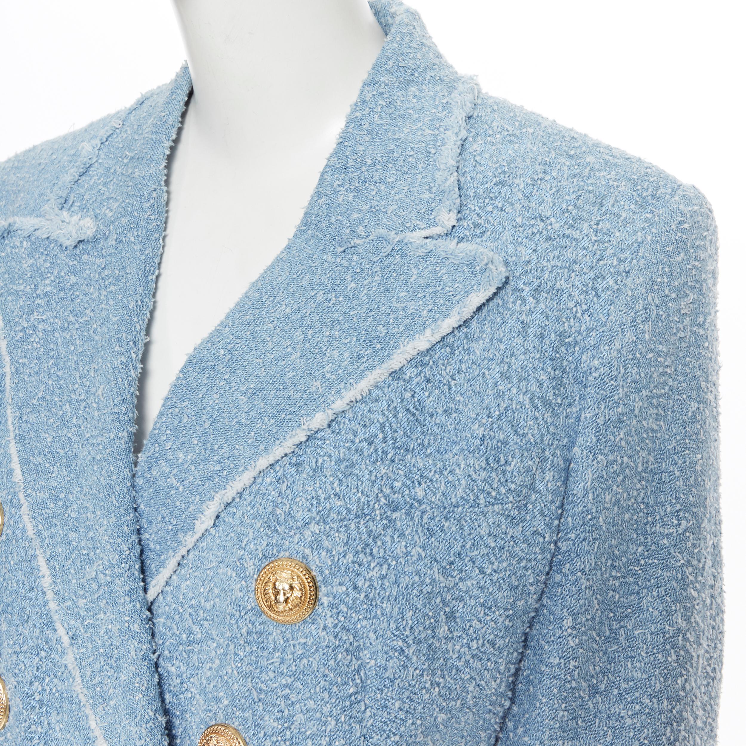 Women's new BALMAIN blue cotton boucle tweed gold double breasted blazer jacket FR40  M