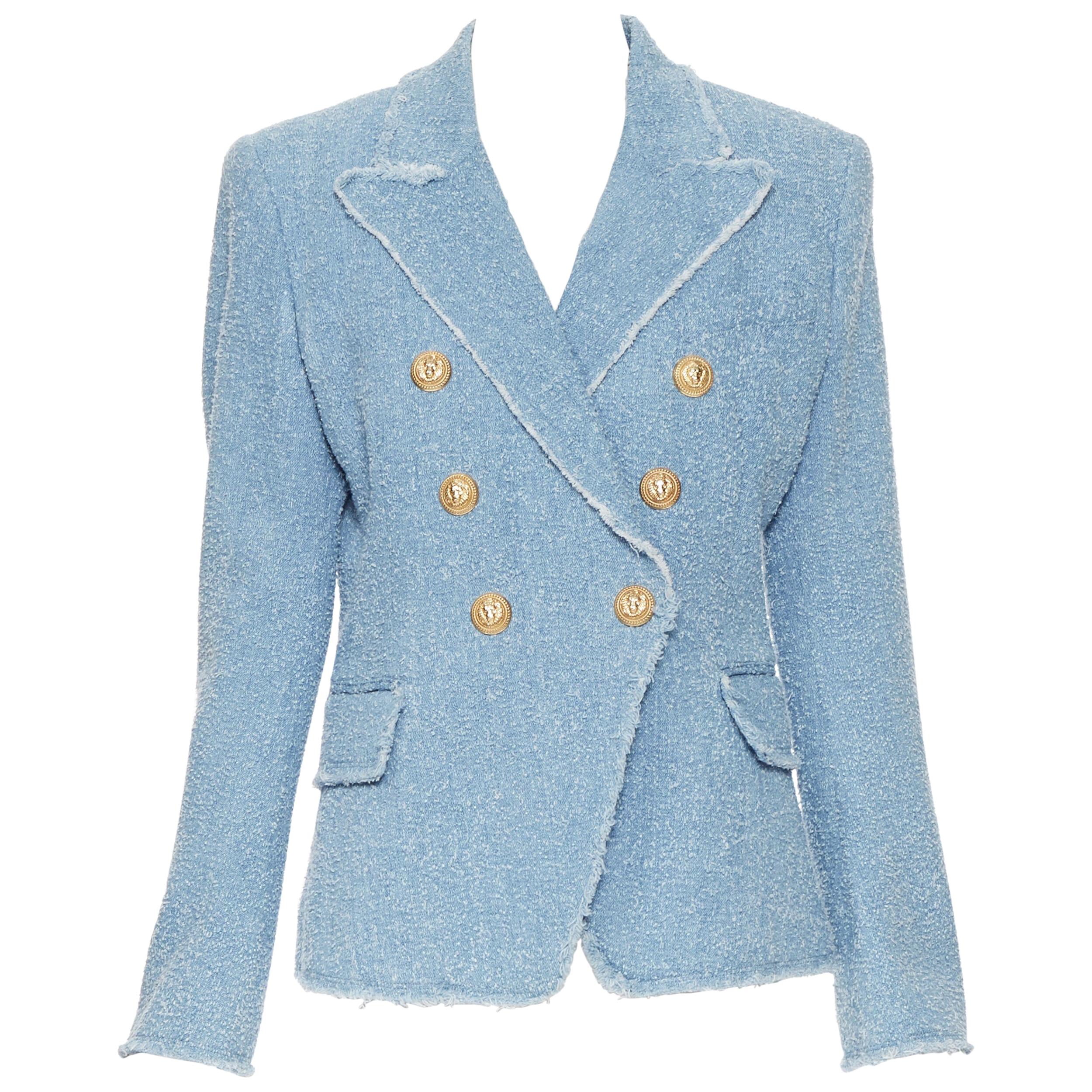 new BALMAIN blue cotton boucle tweed gold double breasted blazer jacket FR40  M