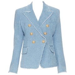 new BALMAIN blue cotton boucle tweed gold double breasted blazer jacket  FR40 M at 1stDibs