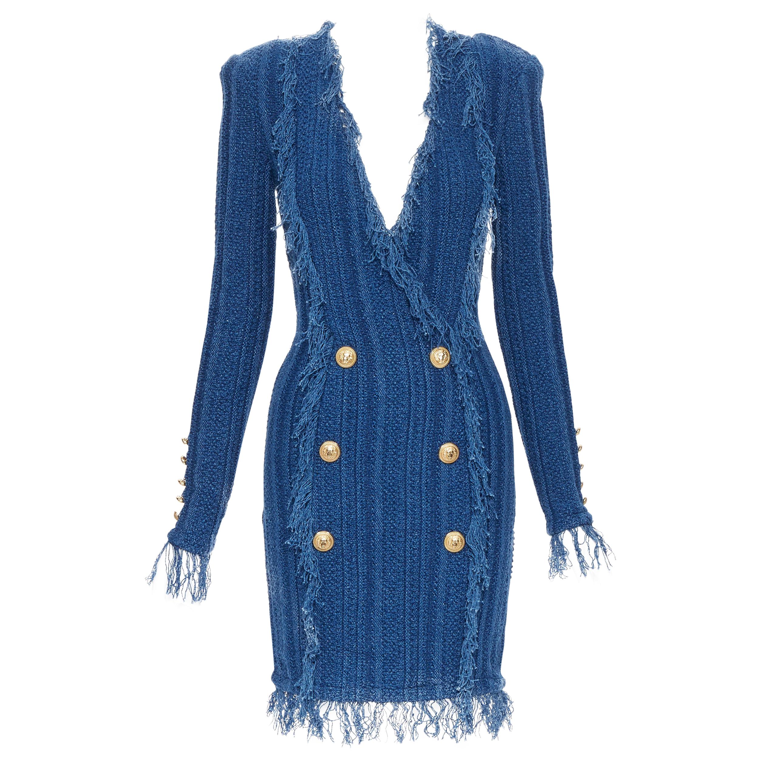 new BALMAIN blue cotton fringe trimmed double breasted buttons dress FR38 M
