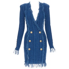 new BALMAIN blue cotton fringe trimmed double breasted knit bodycon dress FR38 M
