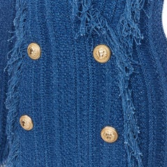 new BALMAIN blue cotton fringe trimmed double breasted knit bodycon dress FR40 L