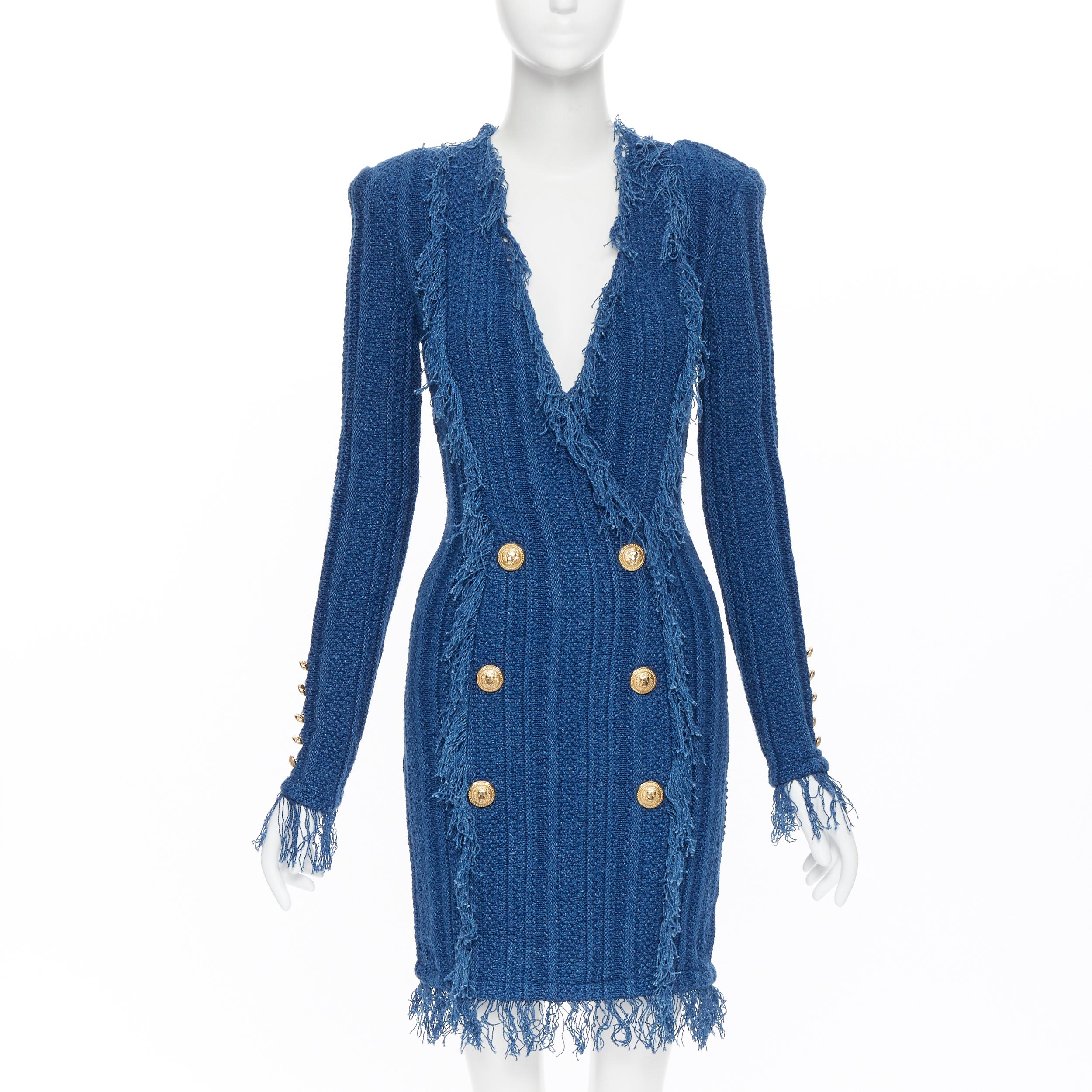 Blue new BALMAIN blue cotton fringe trimmed double breasted knit bodycon dress FR40 L