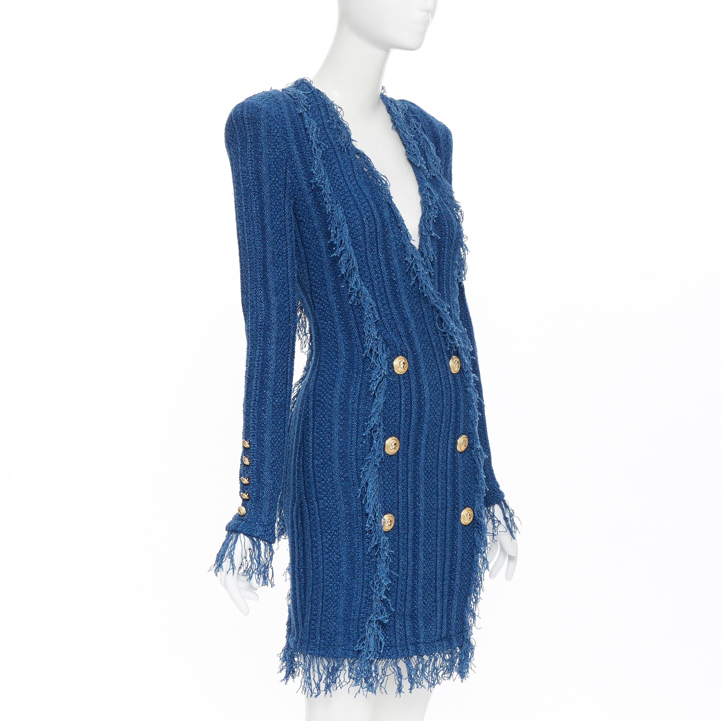 new BALMAIN blue cotton fringe trimmed double breasted knit bodycon dress FR40 L In New Condition In Hong Kong, NT