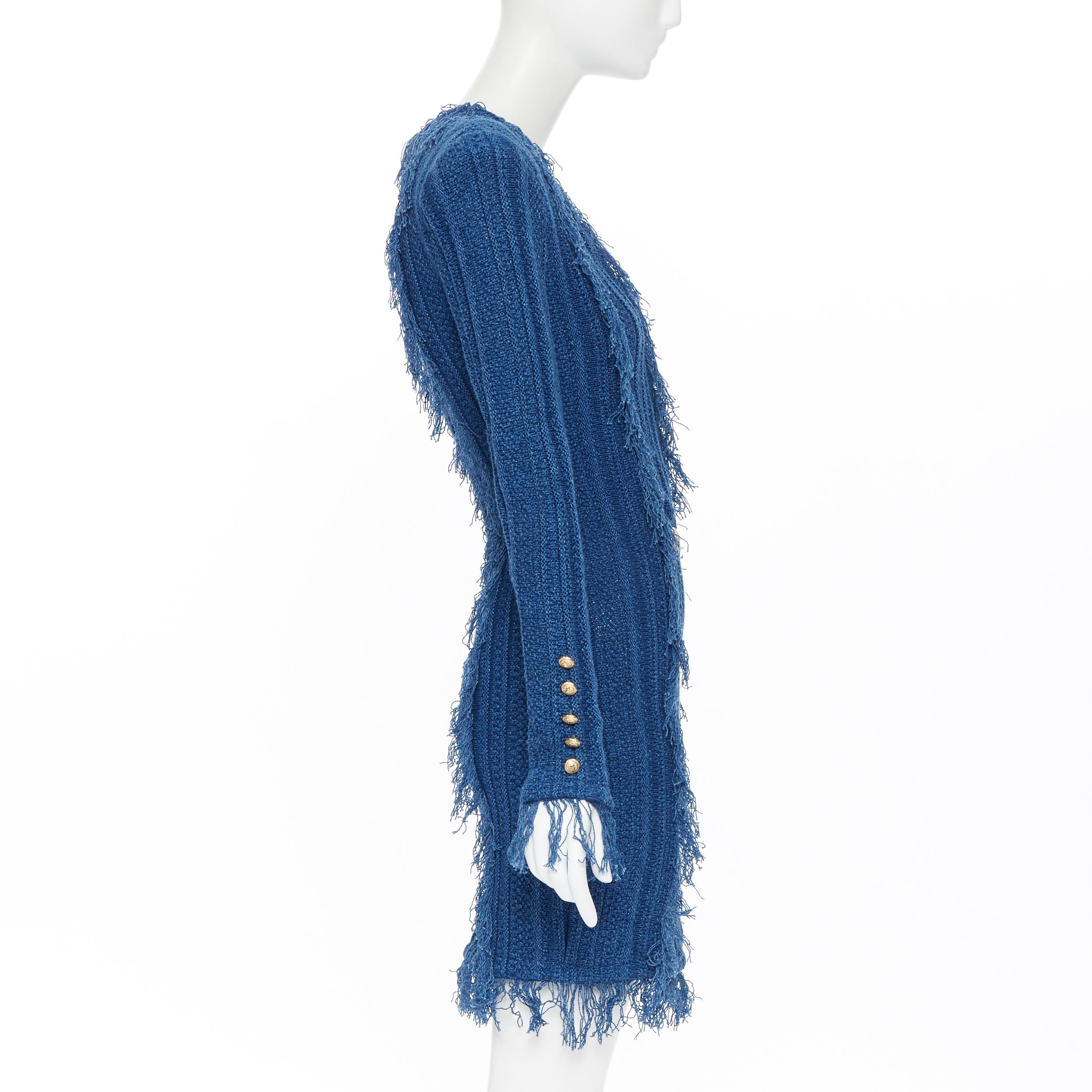 Women's new BALMAIN blue cotton fringe trimmed double breasted knit bodycon dress FR40 L