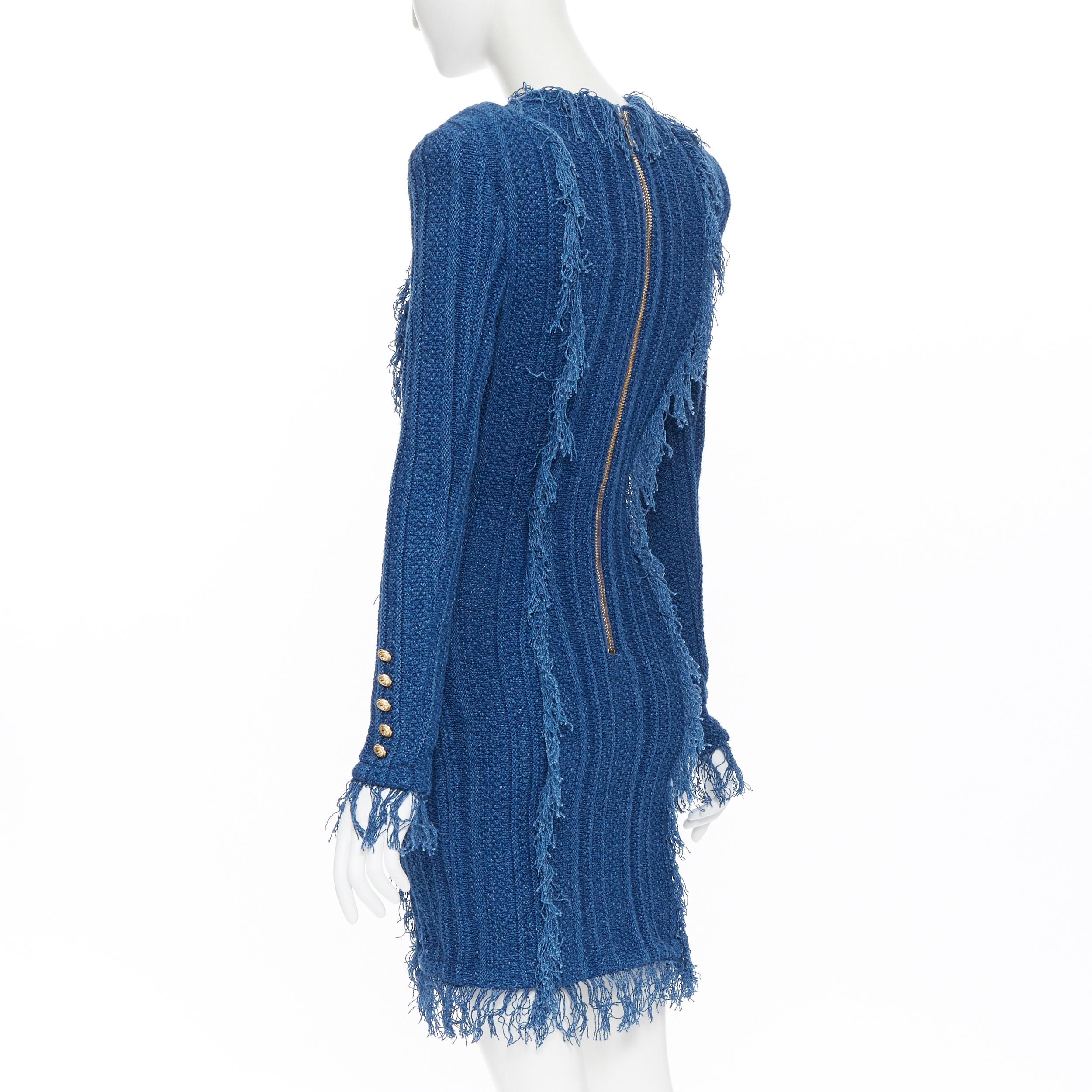 new BALMAIN blue cotton fringe trimmed double breasted knit bodycon dress FR40 L 2