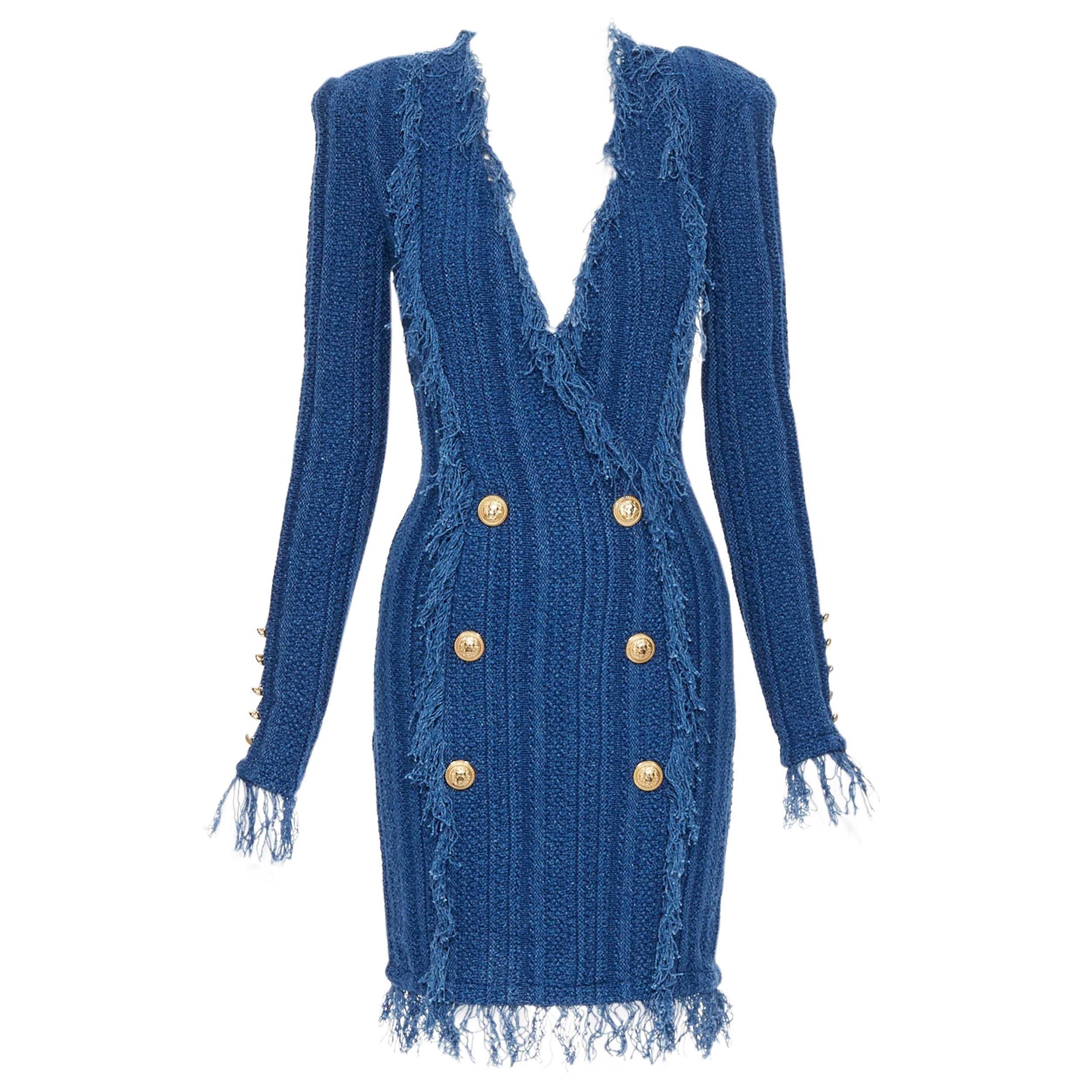 new BALMAIN blue cotton fringe trimmed double breasted knit bodycon dress FR40 L