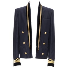 new BALMAIN blue cotton velvet military shawl collar double breasted jacket EU52