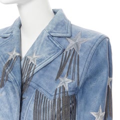 new BALMAIN  blue star chain embellished double breasted leather biker FR40 M