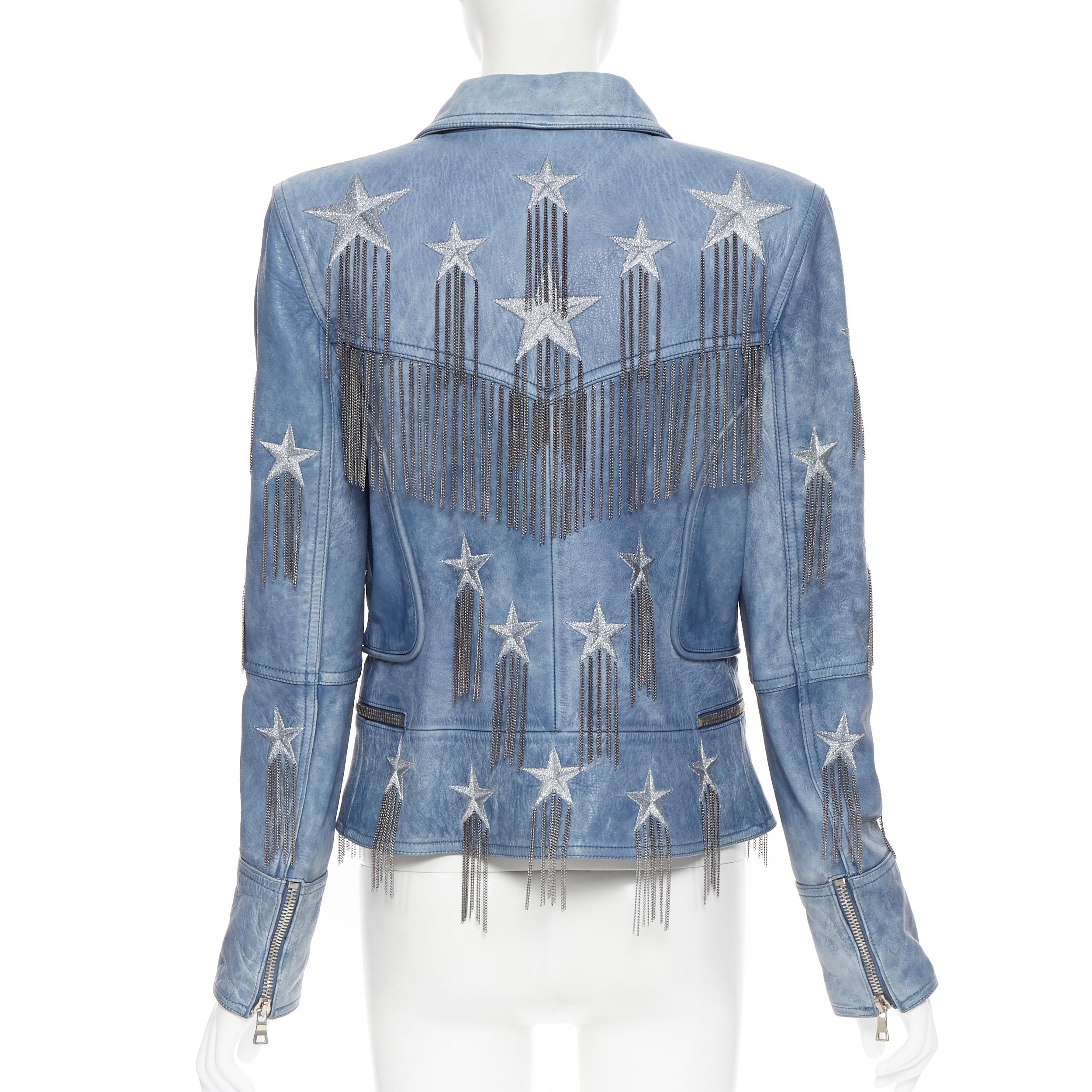 new BALMAIN  blue star chain embellished double breasted leather biker FR40 M In New Condition In Hong Kong, NT