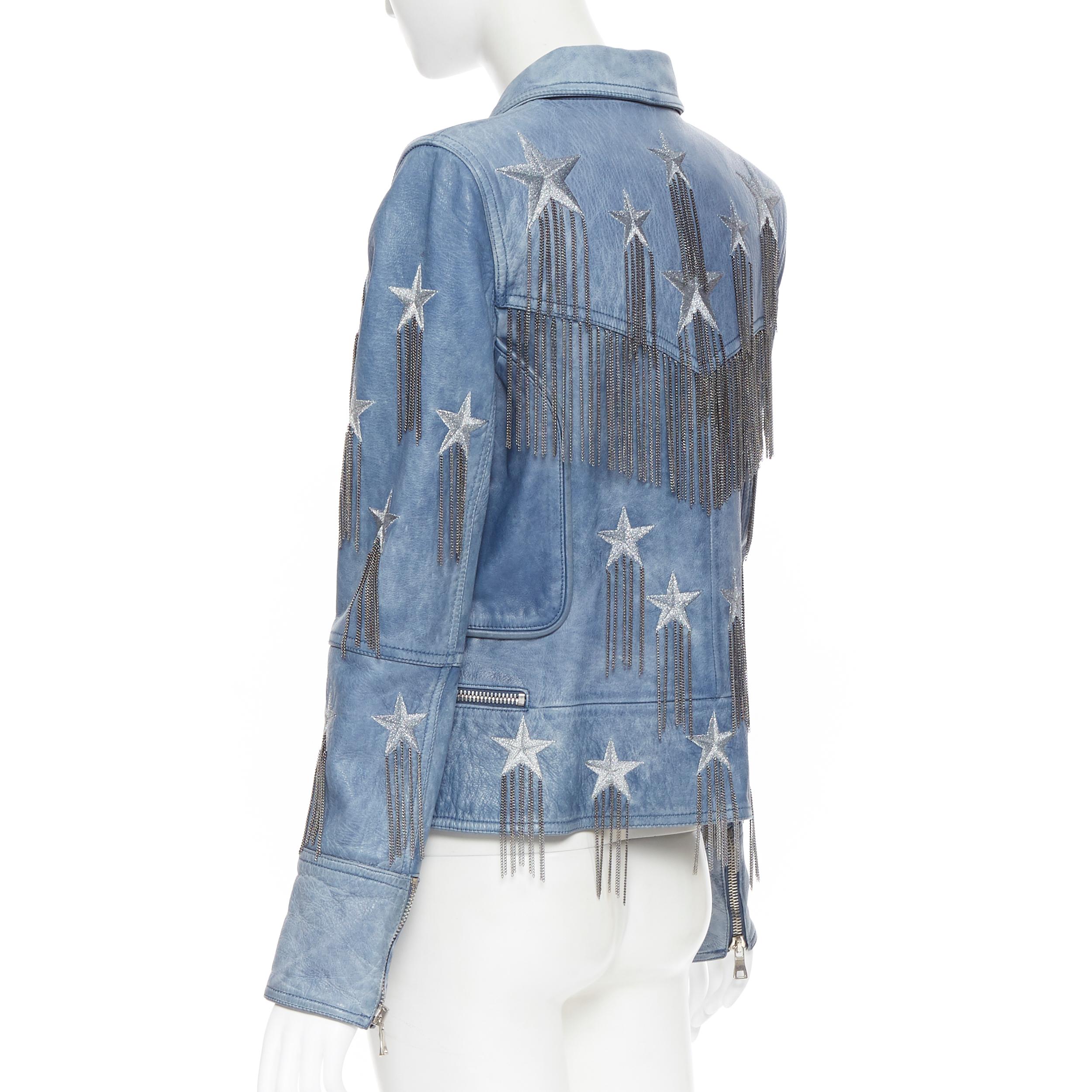 Women's new BALMAIN  blue star chain embellished double breasted leather biker FR40 M