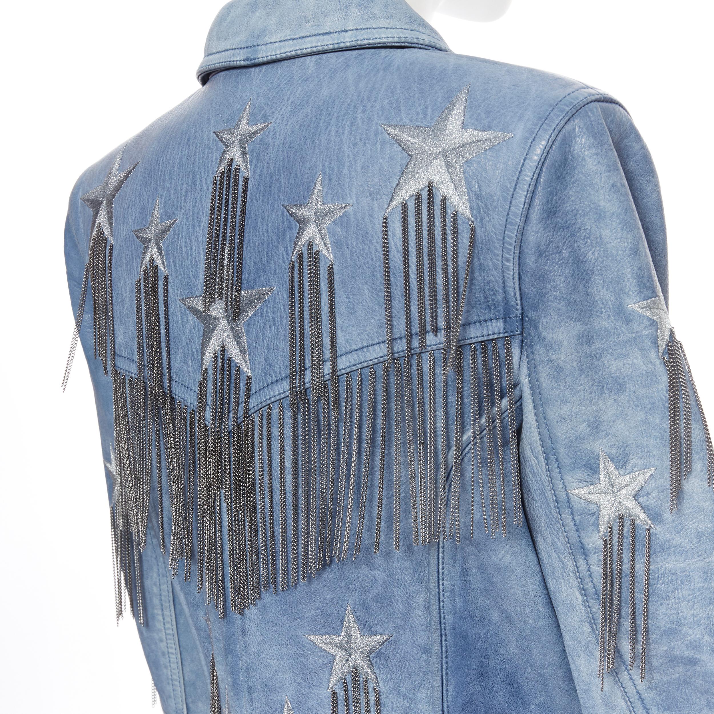 new BALMAIN  blue star chain embellished double breasted leather biker FR40 M 1
