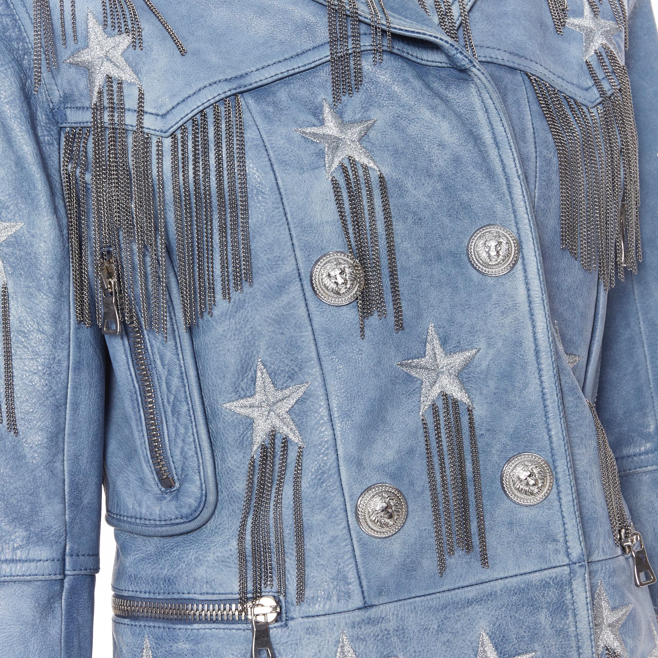 new BALMAIN  blue star chain embellished double breasted leather biker FR40 M 2
