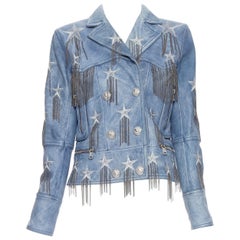 new BALMAIN  blue star chain embellished double breasted leather biker FR40 M