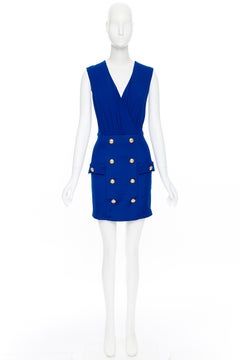 new BALMAIN blue viscose double breasted military button skirt mini dress FR38
