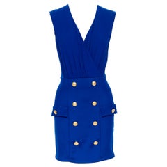 new BALMAIN blue viscose double breasted military button skirt mini dress FR38