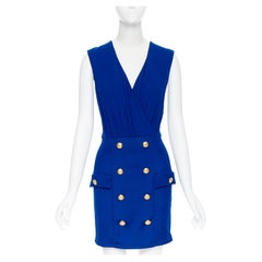 new BALMAIN blue viscose double breasted military button skirt mini dress FR38