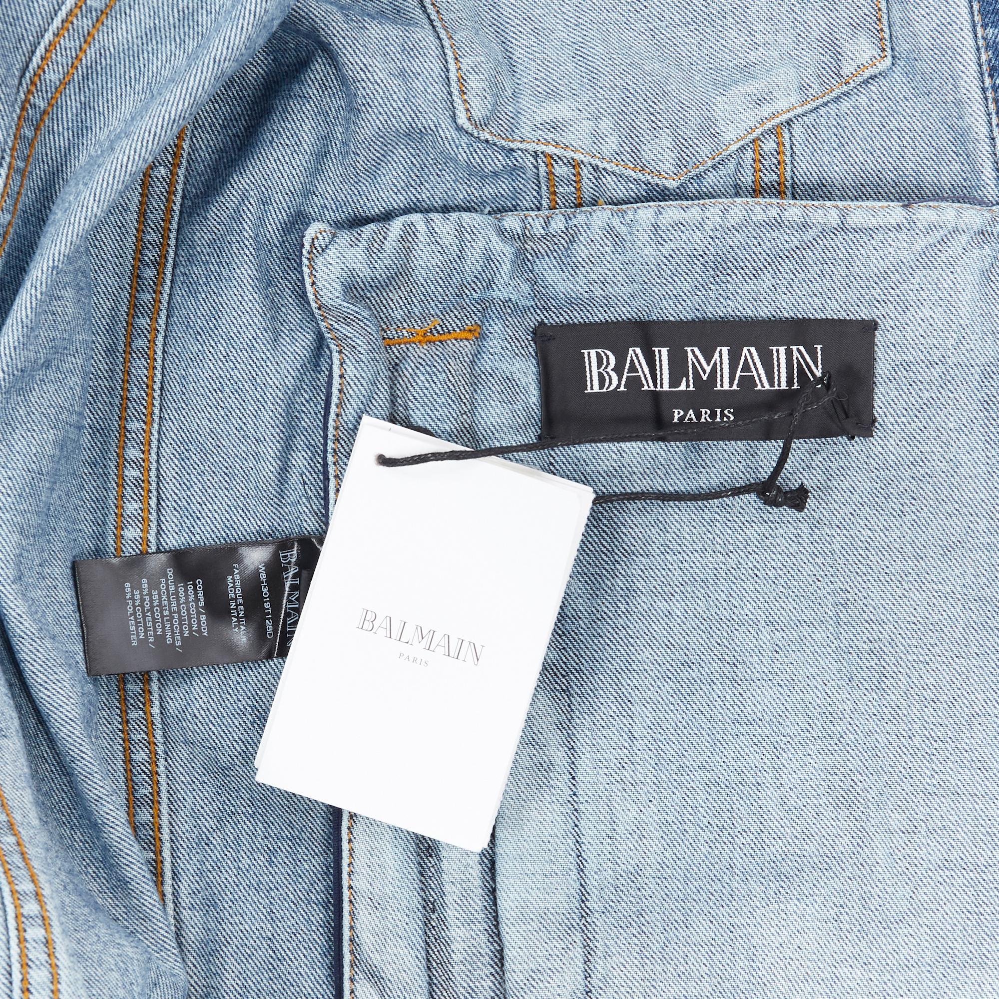 new BALMAIN blue washed heavy distressed holey casual cotton denim jacket S For Sale 3
