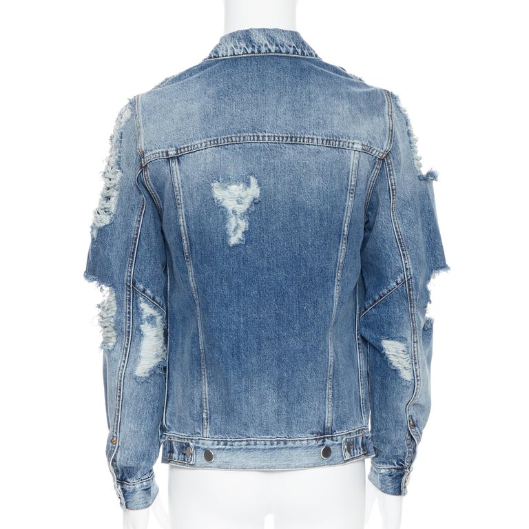 new BALMAIN blue washed heavy distressed holey casual cotton denim ...