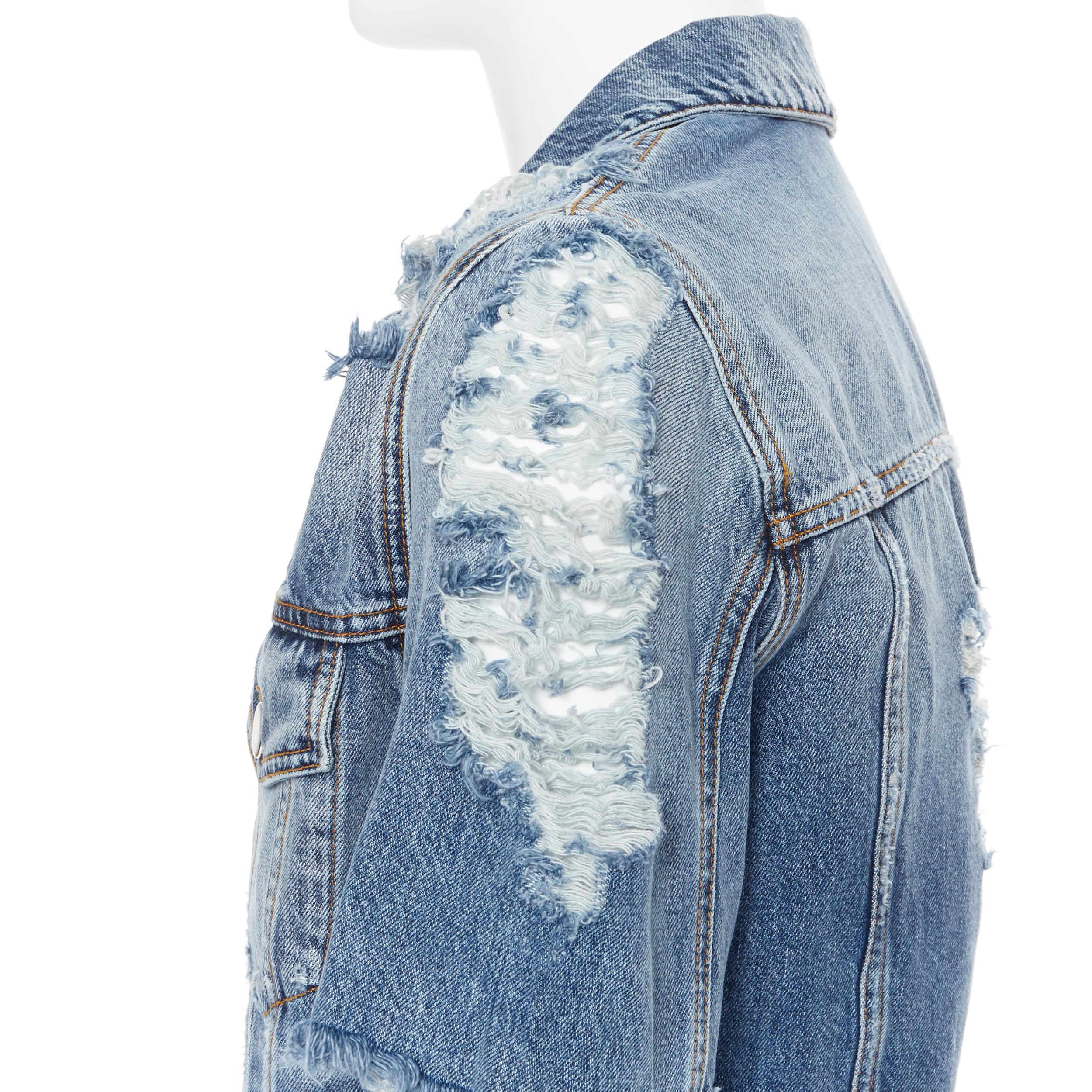 new BALMAIN blue washed heavy distressed holey casual cotton denim jacket S In New Condition For Sale In Hong Kong, NT