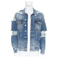 new BALMAIN blue washed heavy distressed holey casual cotton denim jacket S