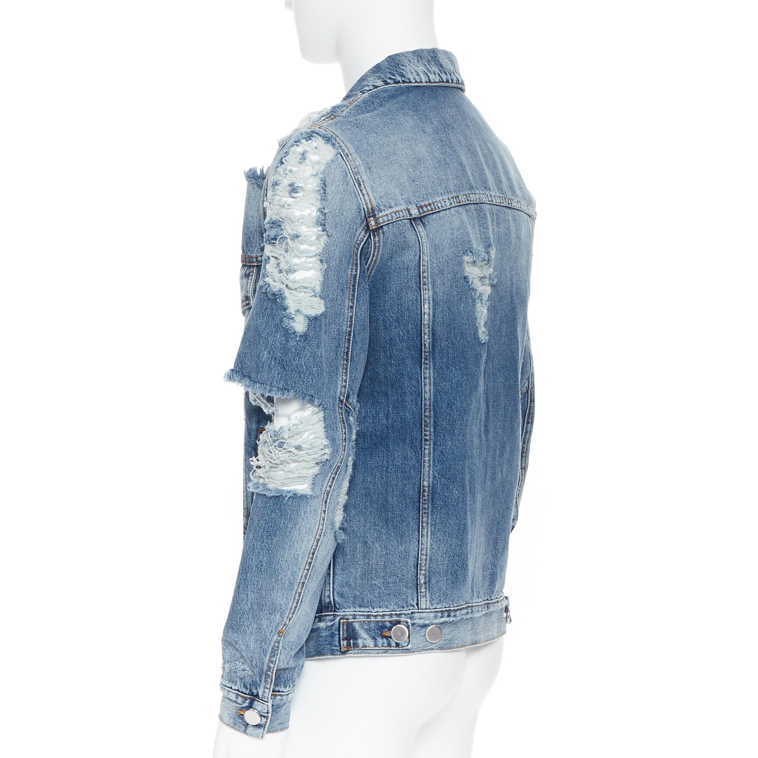 Blue new BALMAIN blue washed heavy distressed holey casual denim trucker jacket S For Sale