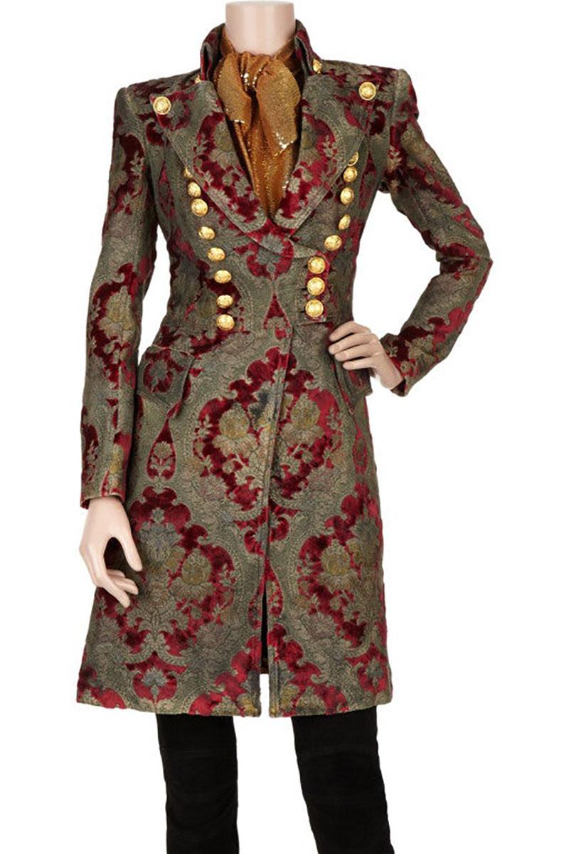 BRAND NEW BALMAIN COAT

Lavish an after-dark look with Balmain's dramatic brocade coat for stand-out evening style.
Burgundy and green brocade patterned military coat with double-breasted gold crested button fastenings through the front. Balmain