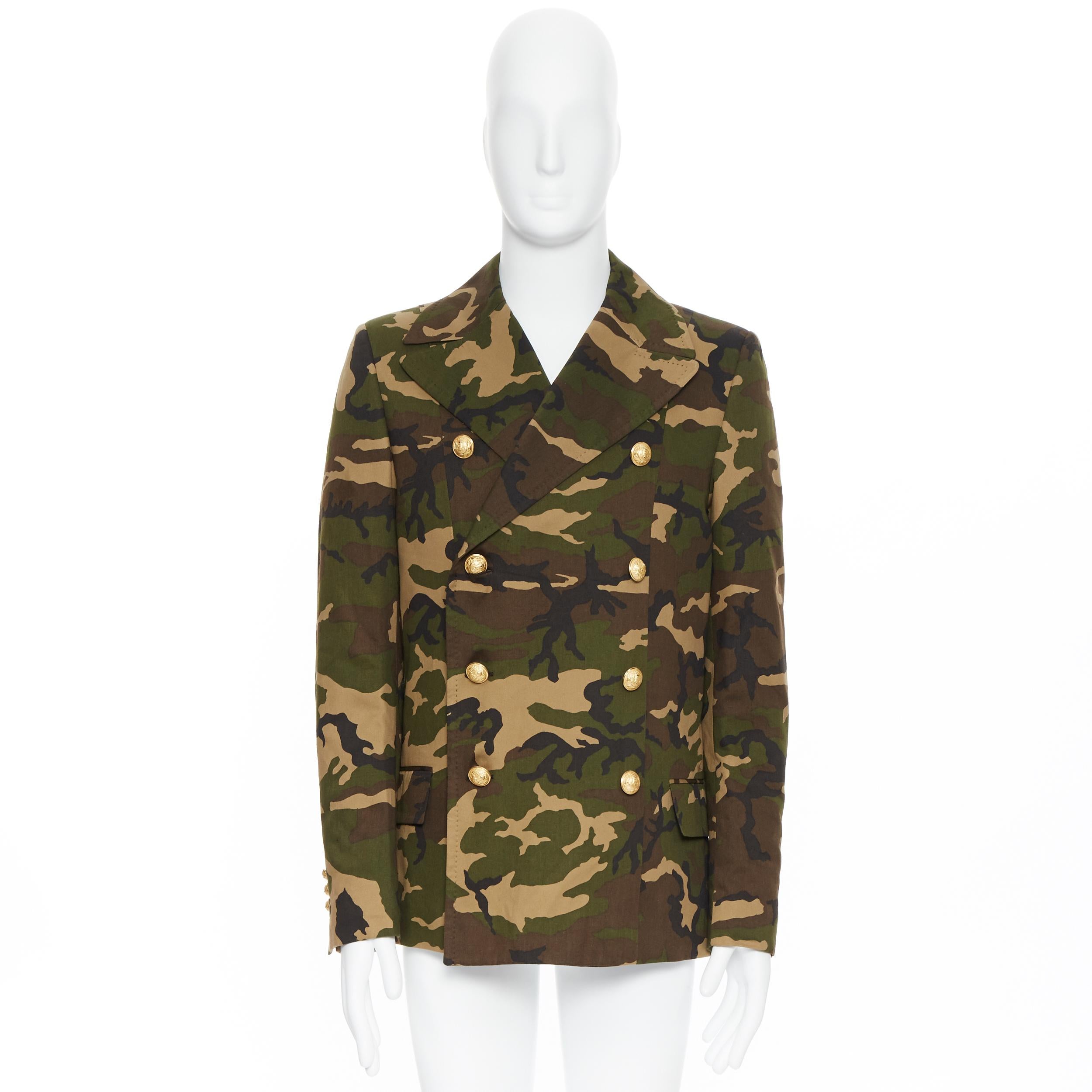 Black new BALMAIN green camouflage double breasted quilted military jacket EU48 M