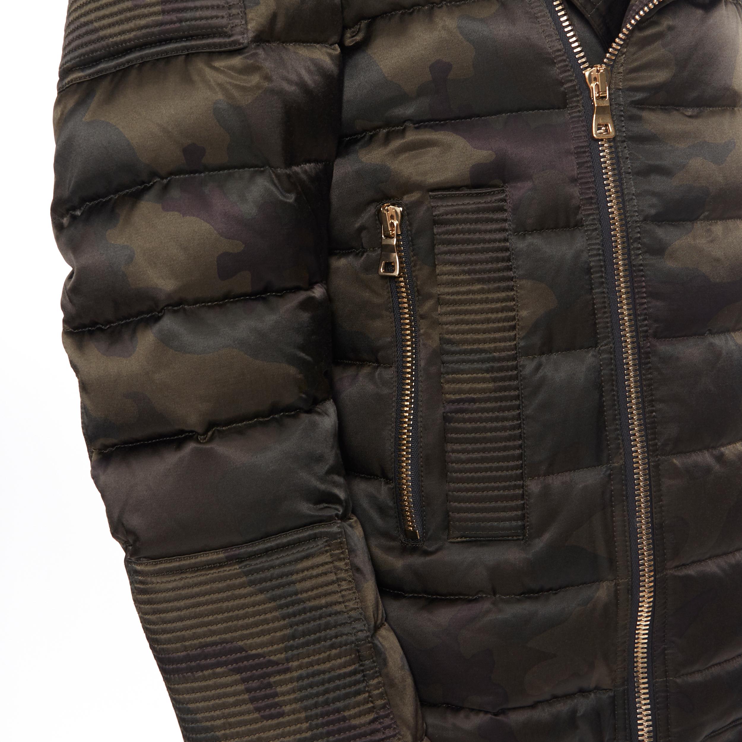 new BALMAIN green camouflage gold-tone double zip down puffer biker jacket L 2