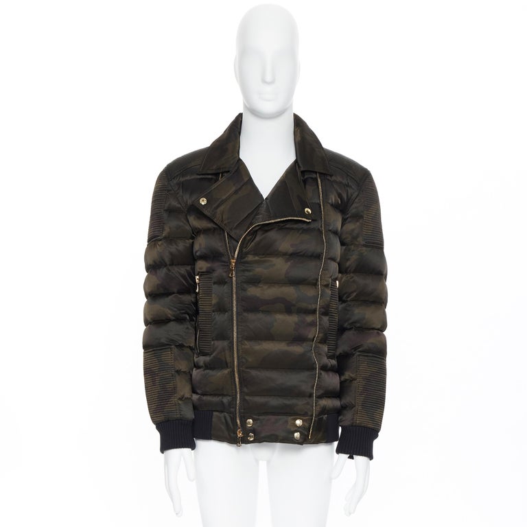 new BALMAIN green camouflage gold-tone double zip down puffer biker jacket  L For Sale at 1stDibs