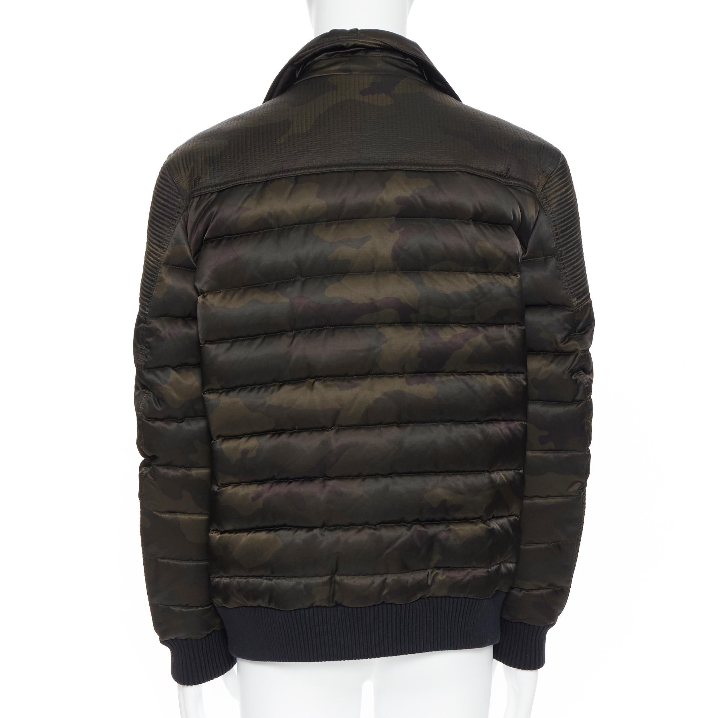 new BALMAIN green camouflage gold-tone double zip down puffer biker jacket L In New Condition In Hong Kong, NT