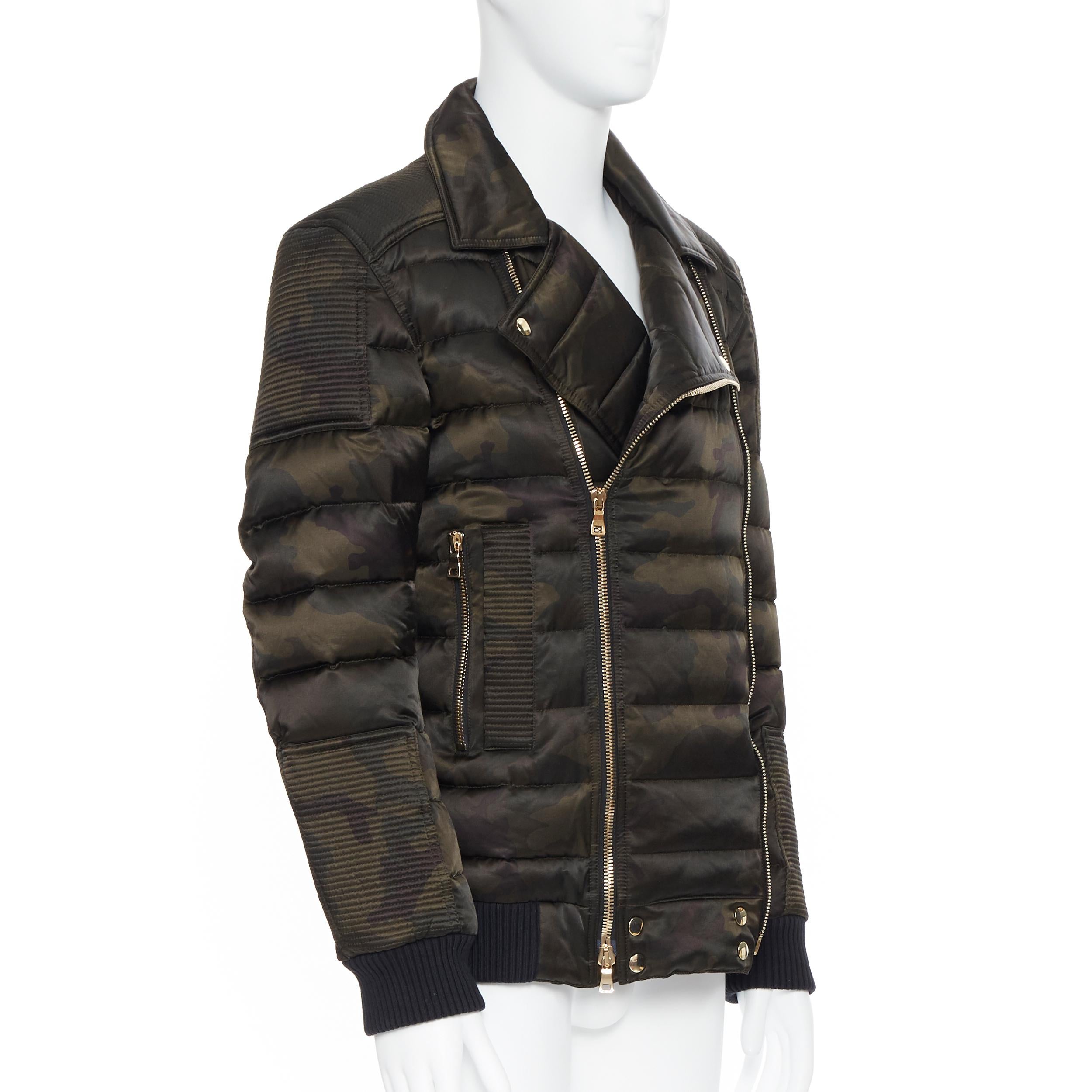 BALMAIN Grüne Camouflage Goldfarbene Doppel-Reißverschluss-Bikerjacke mit doppeltem Reißverschluss M Herren