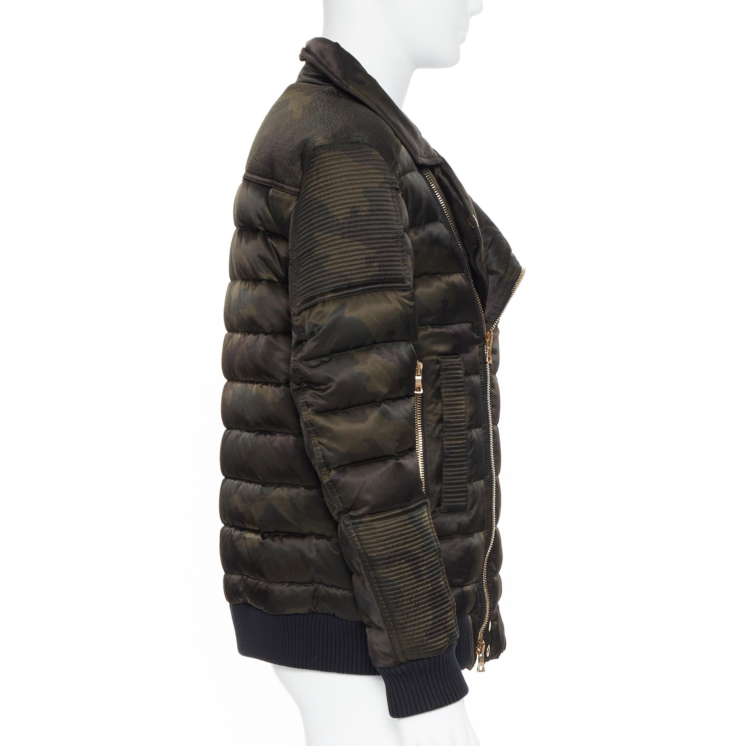 BALMAIN Grüne Camouflage Goldfarbene Doppel-Reißverschluss-Bikerjacke mit doppeltem Reißverschluss M 1