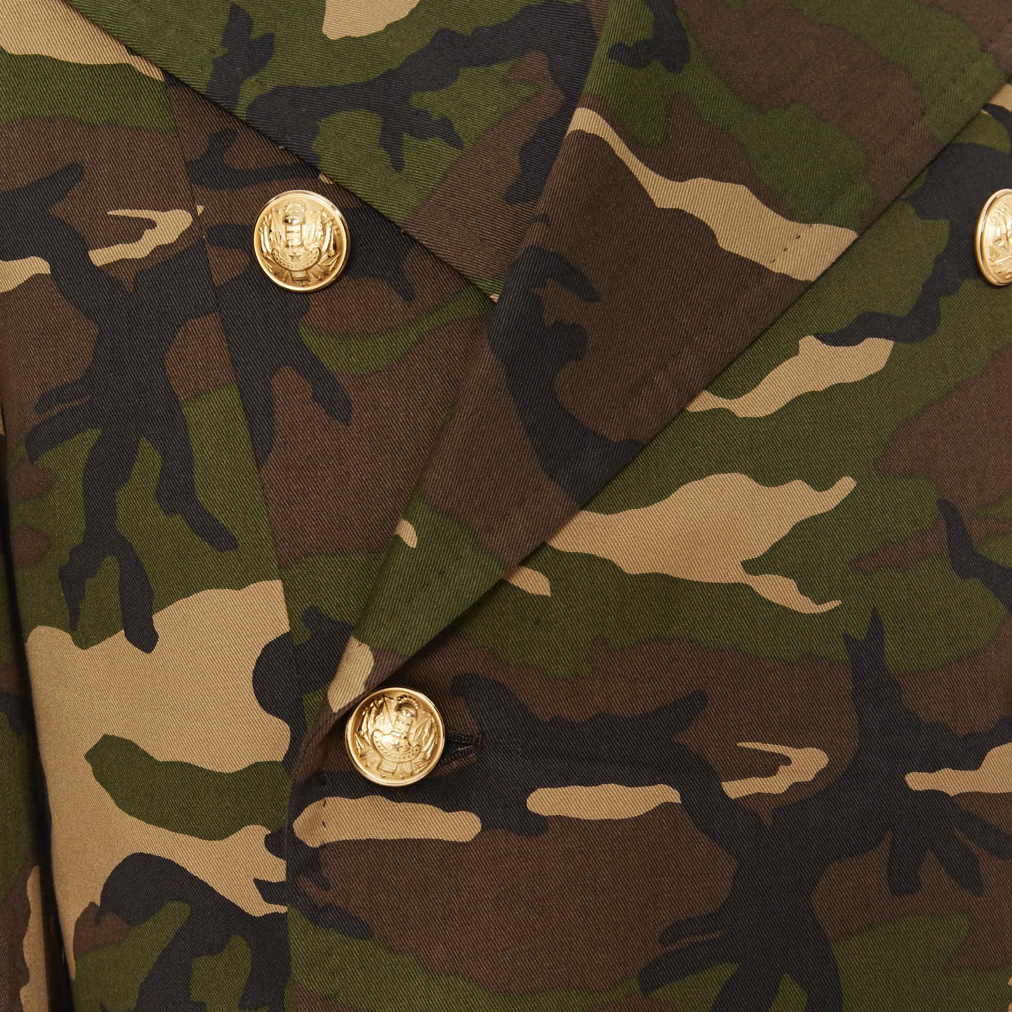 new BALMAIN green camouflage print double breasted military blazer jacket EU48 M 3