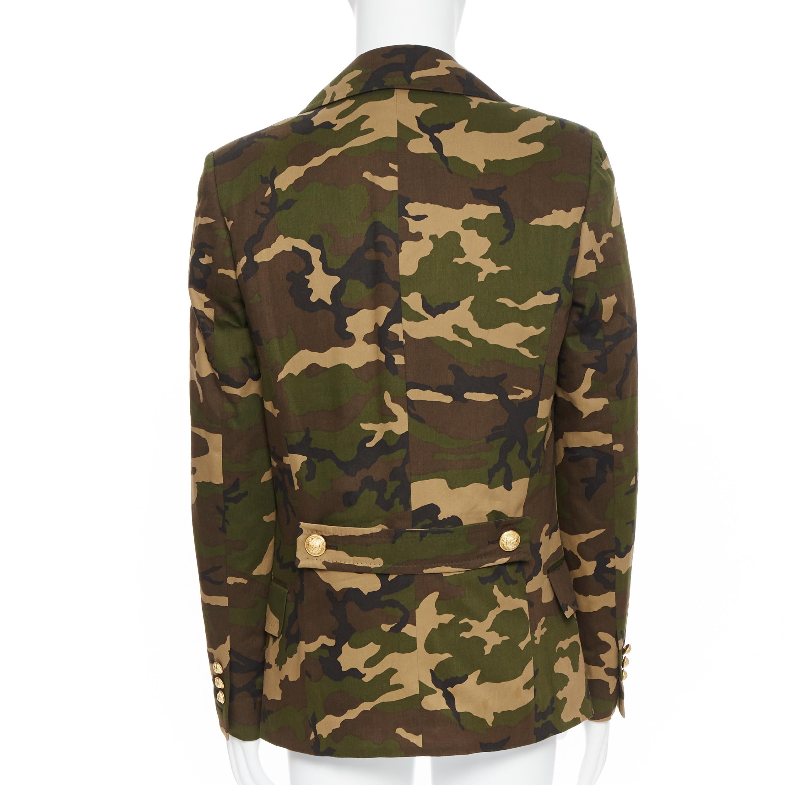 Black new BALMAIN green camouflage print double breasted military blazer jacket EU48 M