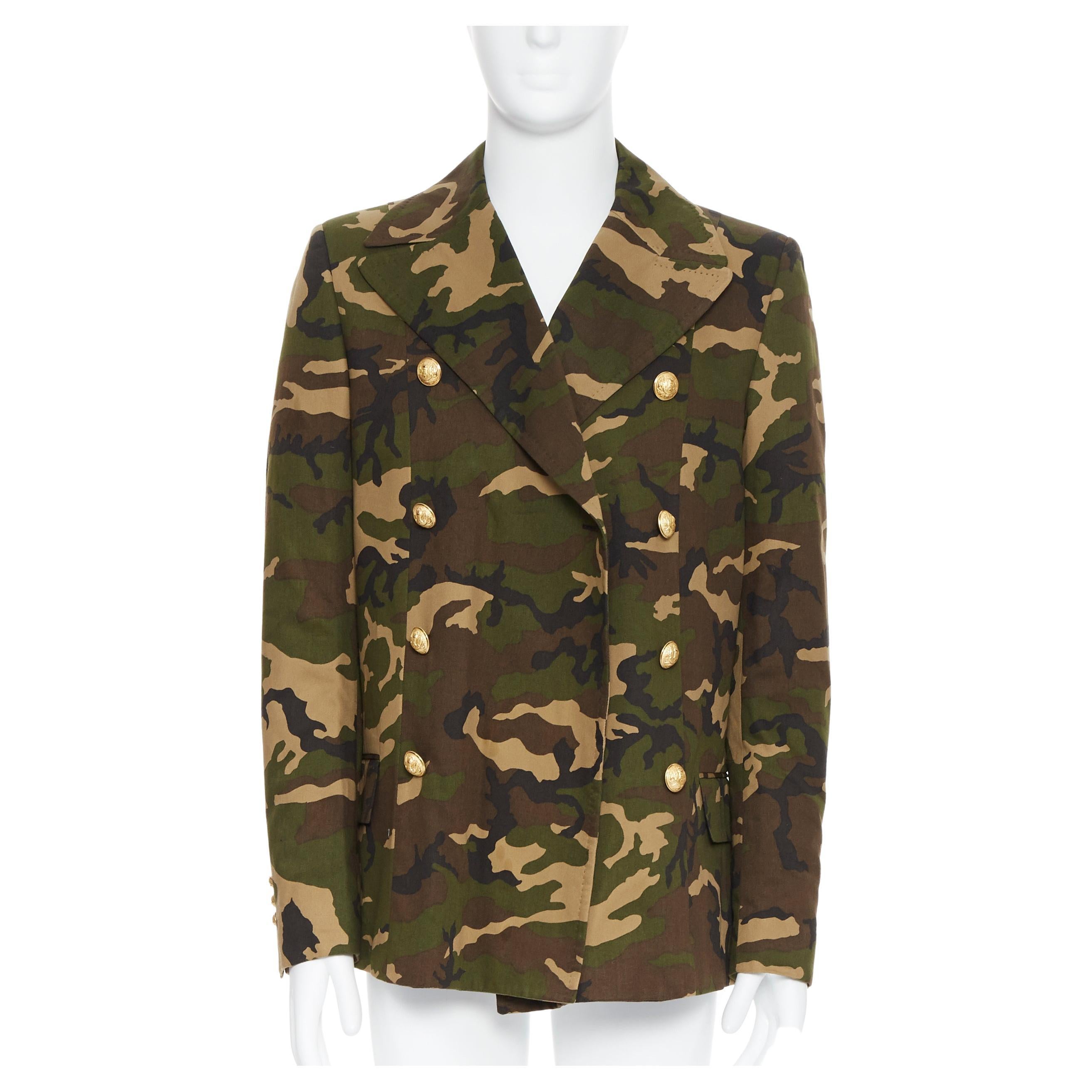 new BALMAIN green camouflage print double breasted military blazer jacket EU48 M