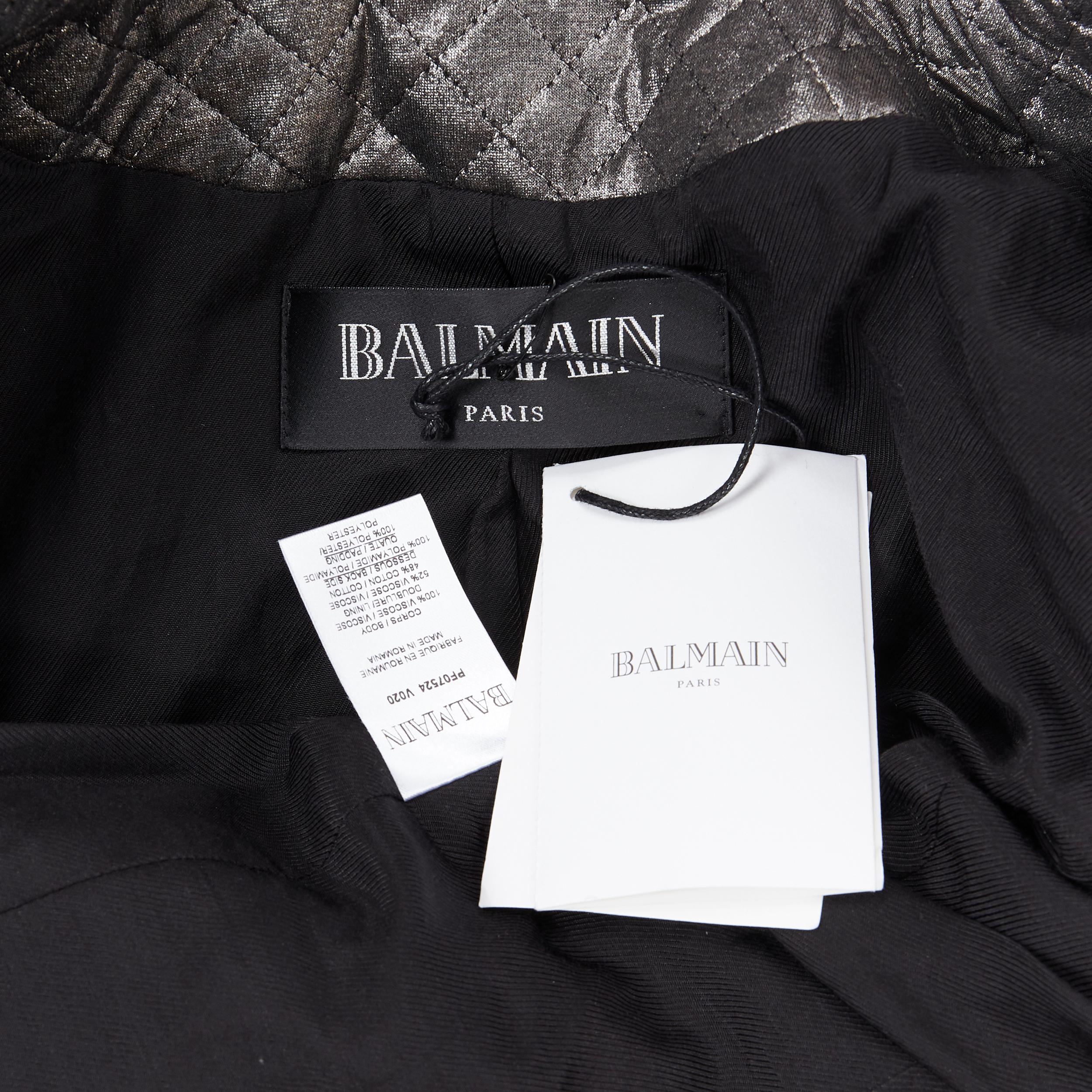 new BALMAIN gunmetal silver quilted military double breasted blazer jacket FR34 4