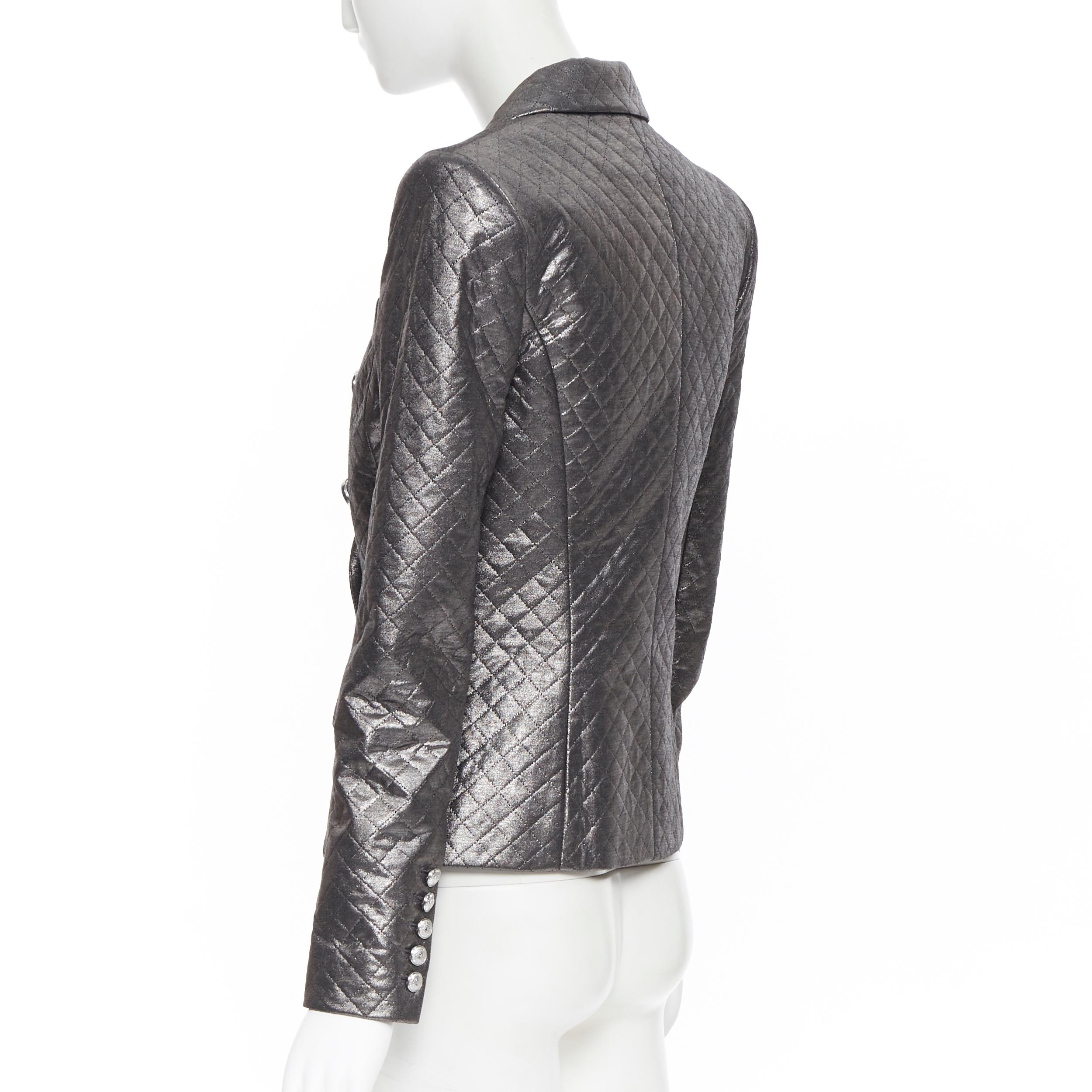 new BALMAIN gunmetal silver quilted military double breasted blazer jacket FR34 In New Condition In Hong Kong, NT
