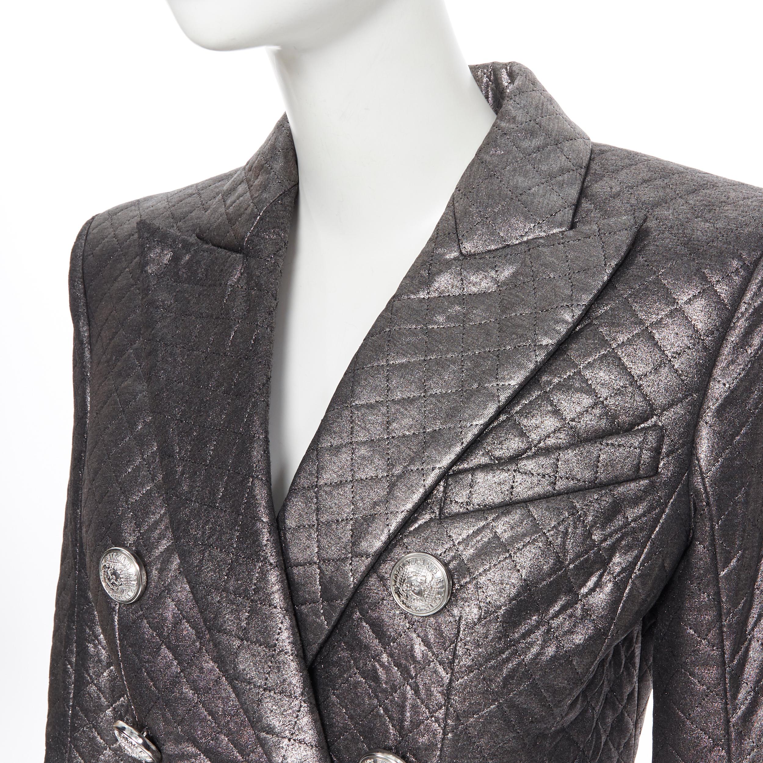 Women's new BALMAIN gunmetal silver quilted military double breasted blazer jacket FR34