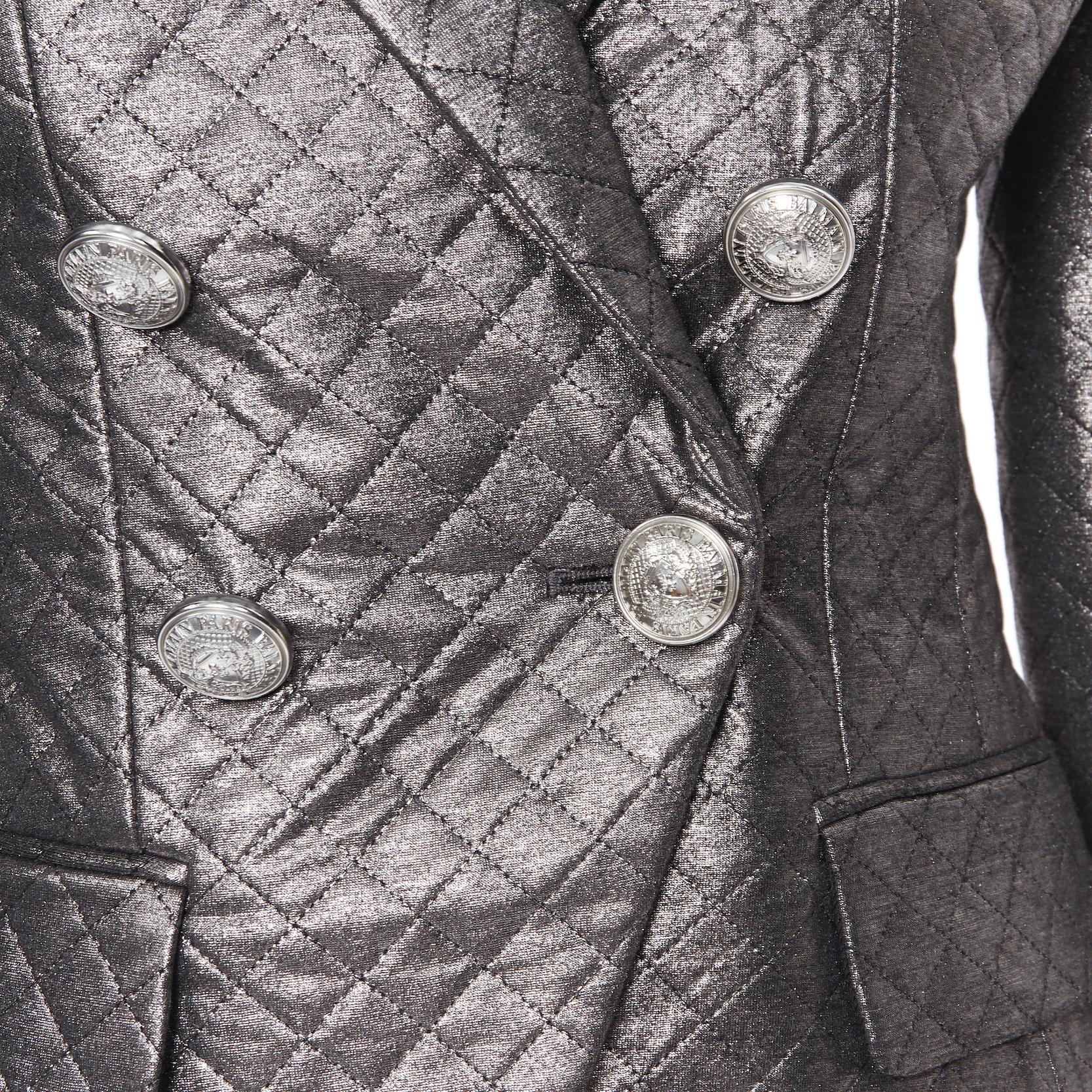 new BALMAIN gunmetal silver quilted military double breasted blazer jacket FR34 1