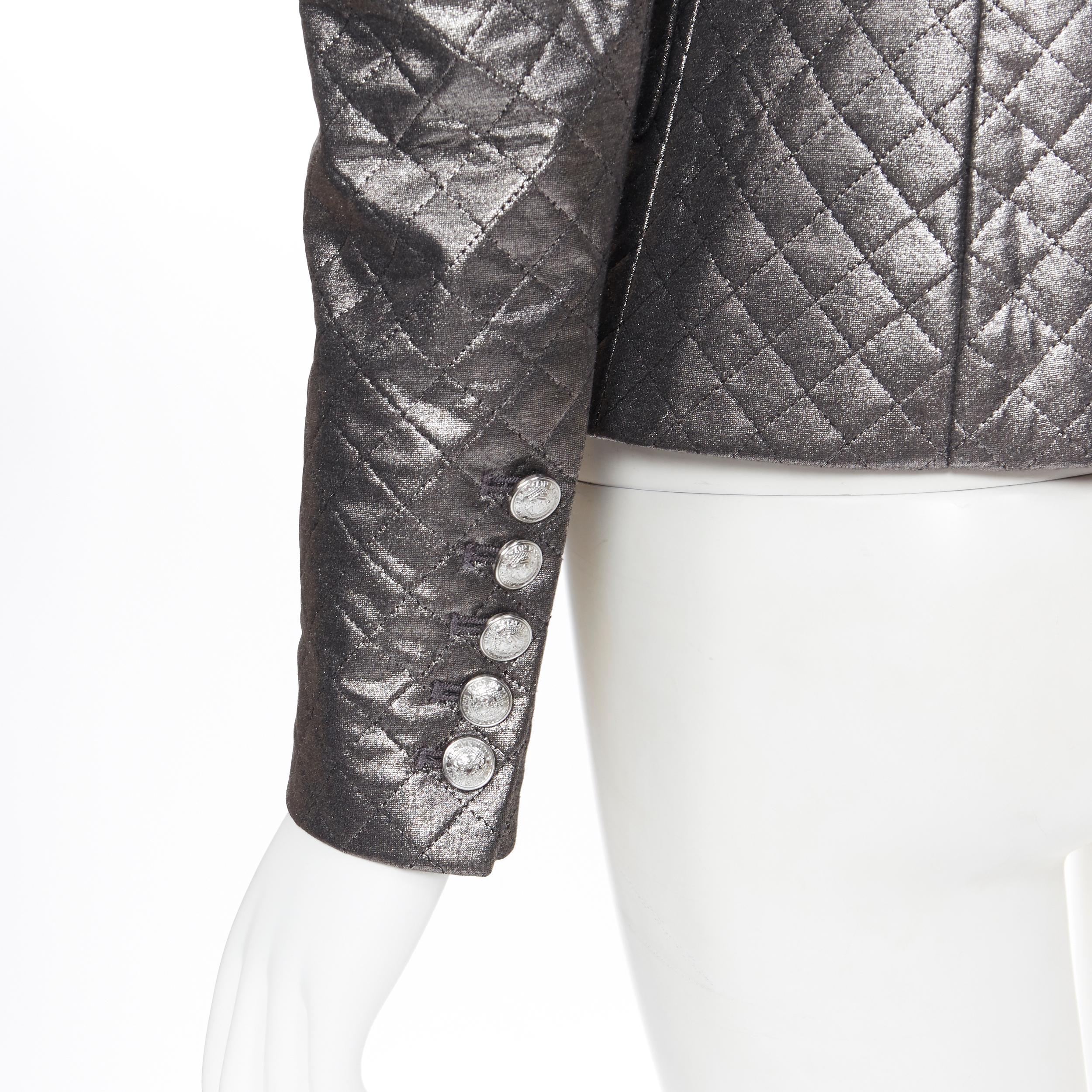 new BALMAIN gunmetal silver quilted military double breasted blazer jacket FR36 For Sale 2